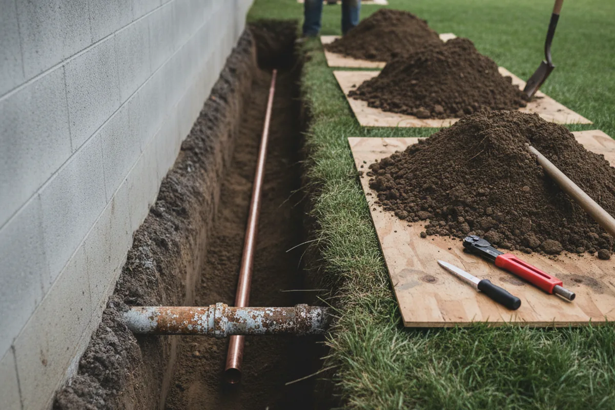 Excavated water line trench during Water Heater Repair in Ruby Valley